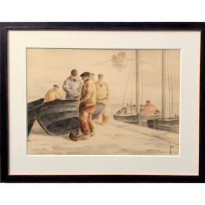 Robert Yan (1901-1994) Color Pencil And Blend “breton Fishermen”