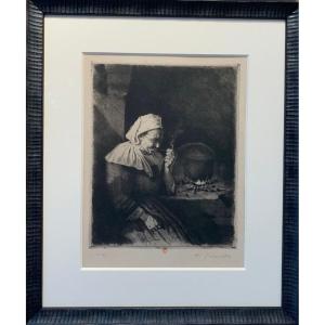 Henri Delavallee (1862-1943) "breton Woman At The Pipe" Engraving  