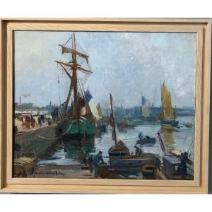 Lucien Victor Delpy (1898-1967) Hst "schooner At The Port Of Concarneau" Brittany 