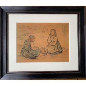 Leon Bellemont (1866-1961) Watercolor "young Breton Women Facing The Sea"  