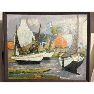 Emile Courtin (1923-1997) Hst "boats At Low Tide In Brittany" 