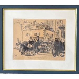 Robert Yan (1901-1994) Drawing "market Scene" Brittany