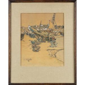 Jacques de CHASTELLUS  (1897-1954) Aquarelle  "Le port du Guilvinec" Bretagne