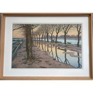 Henri RIVIERE ( 1864-1951 ) Lith. sur Chine , numerotée ,signée au crayon " L'ila aux Cygnes "