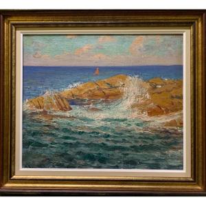 Hervé Mathé - Jules Alfred ( 1868-1953)  " Cote rocheuse en Bretagne " HST  