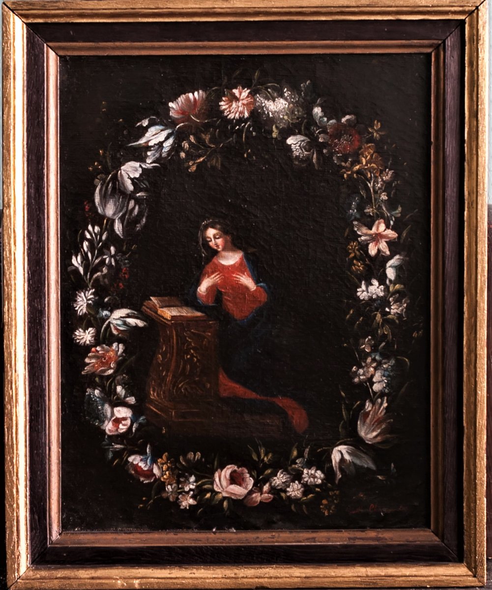 Virgin In A Flower's Garland  - Oil On Canvas 18th