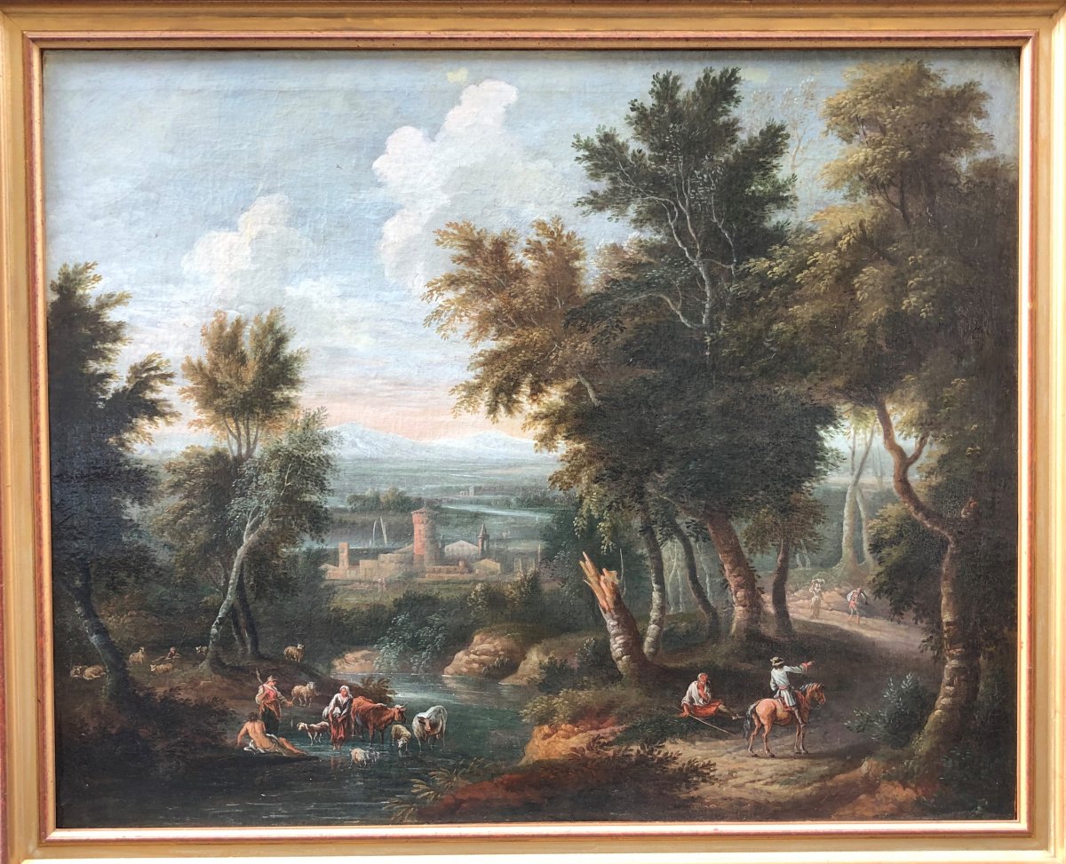 Huile Sur Toile Attribuée à Jean-baptiste Claudot (1733 - 1805), Paysage Animé