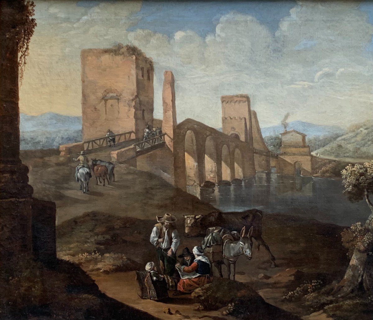 Roos Rome Animated Scene At Milvio Bridge Rome Signed By Johann Heinrich Roos