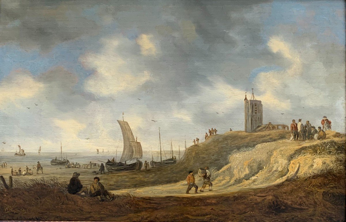 Scène animée en bord de Mer du Nord - Ecole hollandaise première moitié du XVIIe siècle