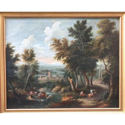 Oil On Canvas Attributed To Jean-baptiste Claudot (1733 - 1805), Landscape Animated