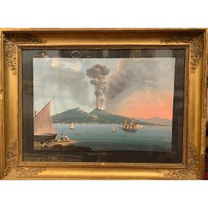 Gouache napolitaine - Eruption du Vésuve de 1822