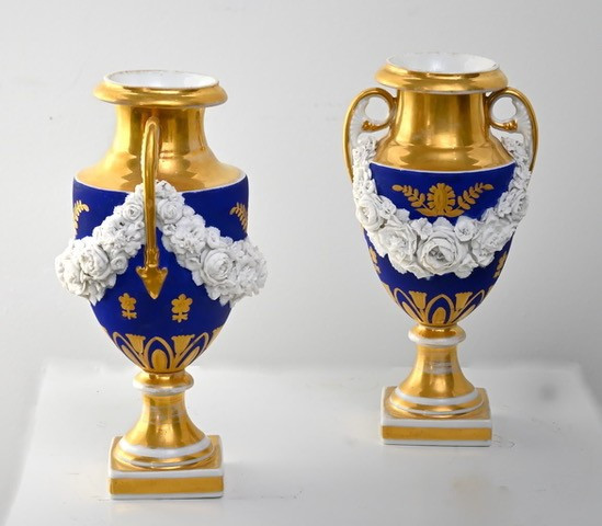 Pair Of Small Porcelain And Slip Vases, 19th Century