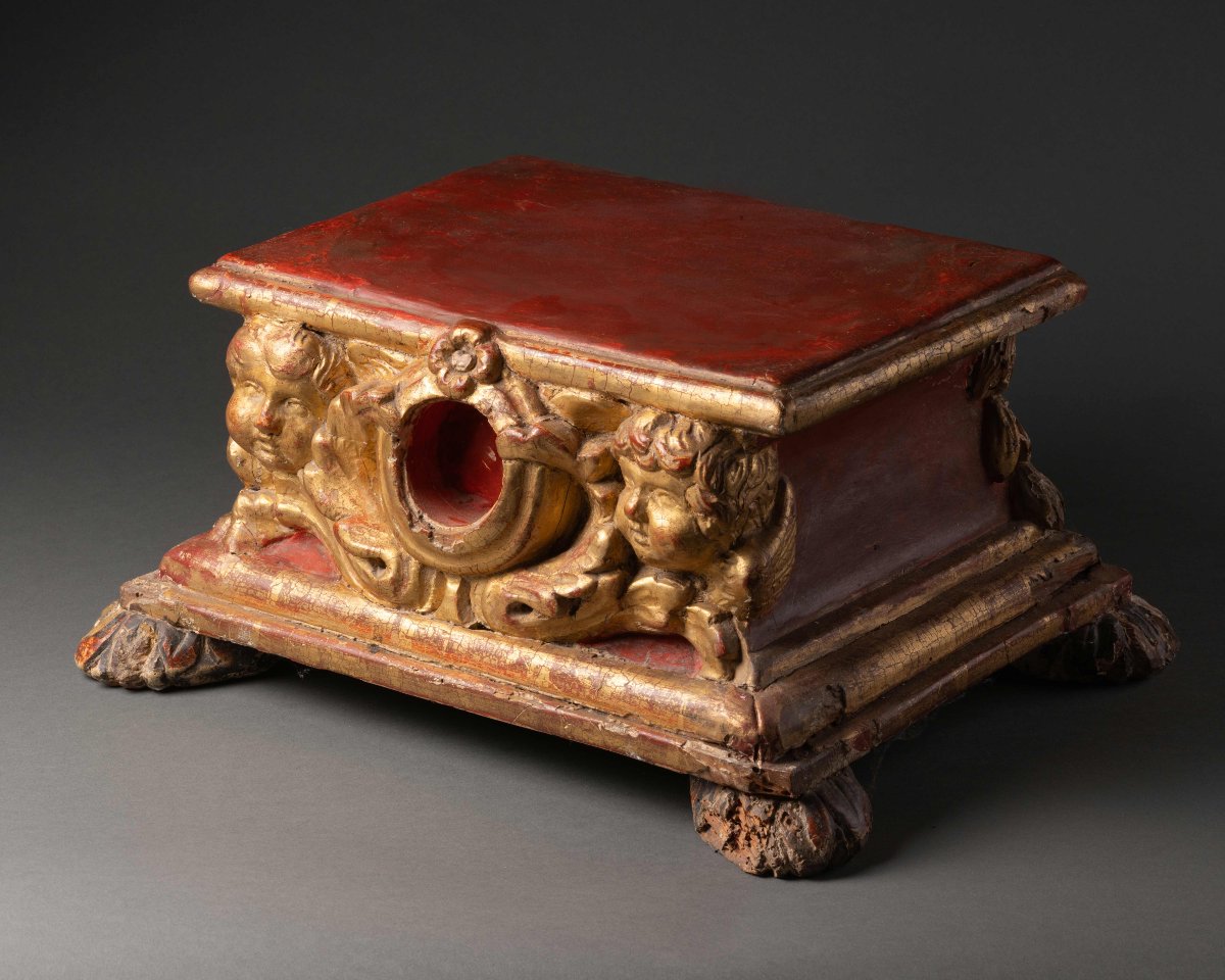 Gilded And Polychrome Wooden Base, 17th Century-photo-2