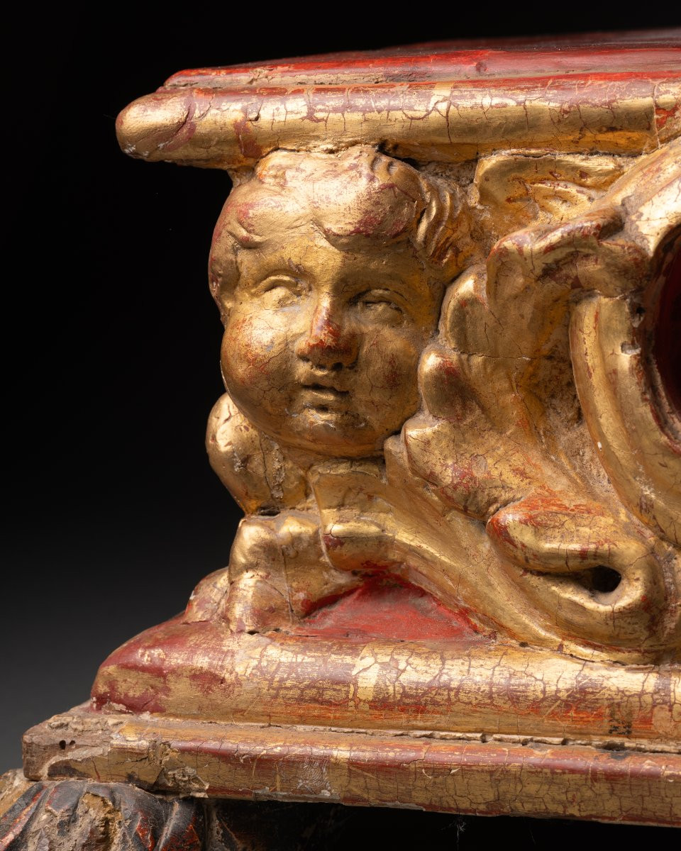 Gilded And Polychrome Wooden Base, 17th Century-photo-3