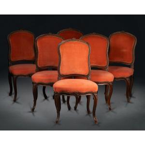 Elegant Suite Of Six Louis XV Period Chairs In Carved Wood