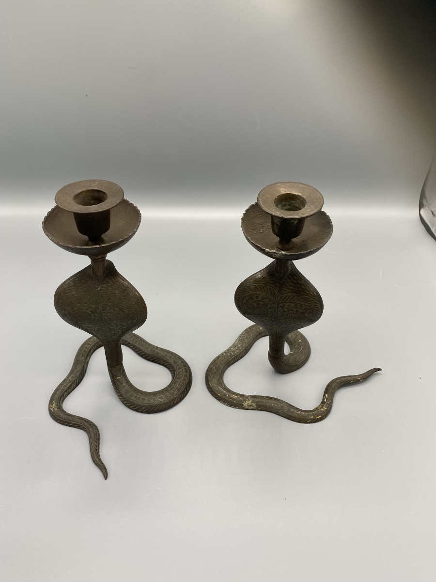 Pair Of Bronze Cobra-shaped Candlesticks Beginning 20 Th C .-photo-4