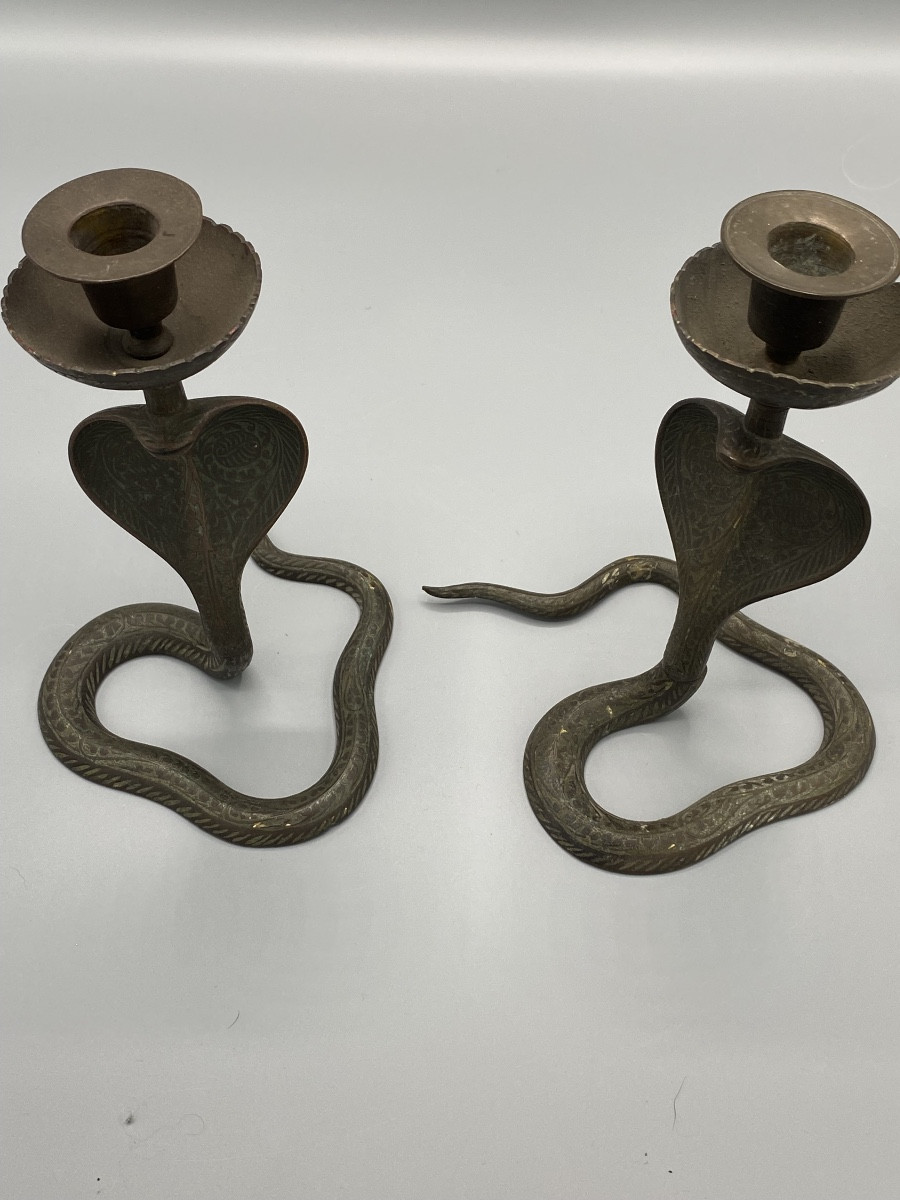 Pair Of Bronze Cobra-shaped Candlesticks Beginning 20 Th C .-photo-1