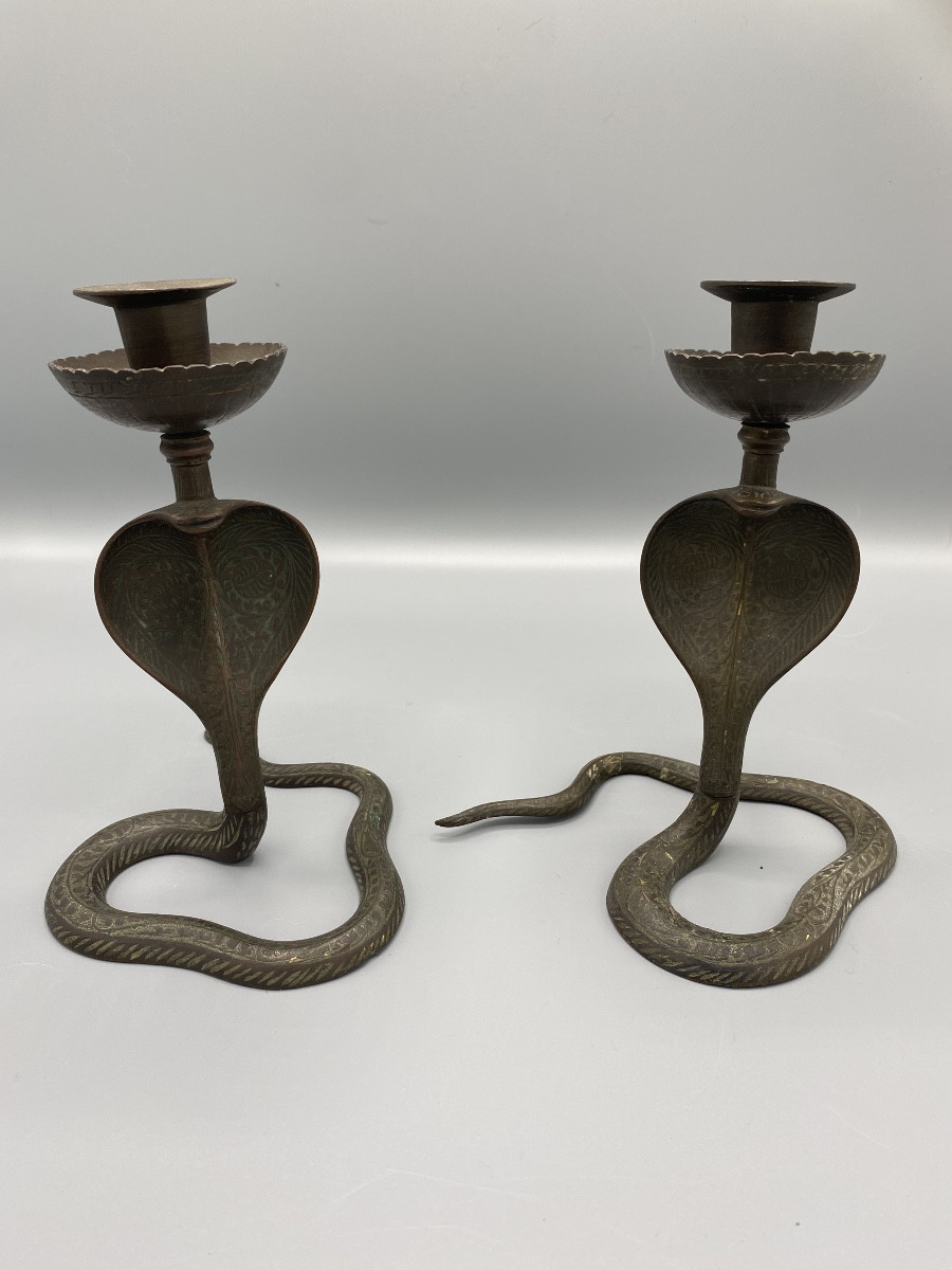 Pair Of Bronze Cobra-shaped Candlesticks Beginning 20 Th C .