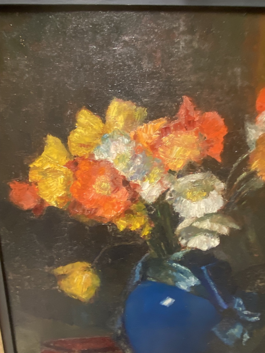 Nature morte au vase bleu , peinture al huile , signé et daté .-photo-2