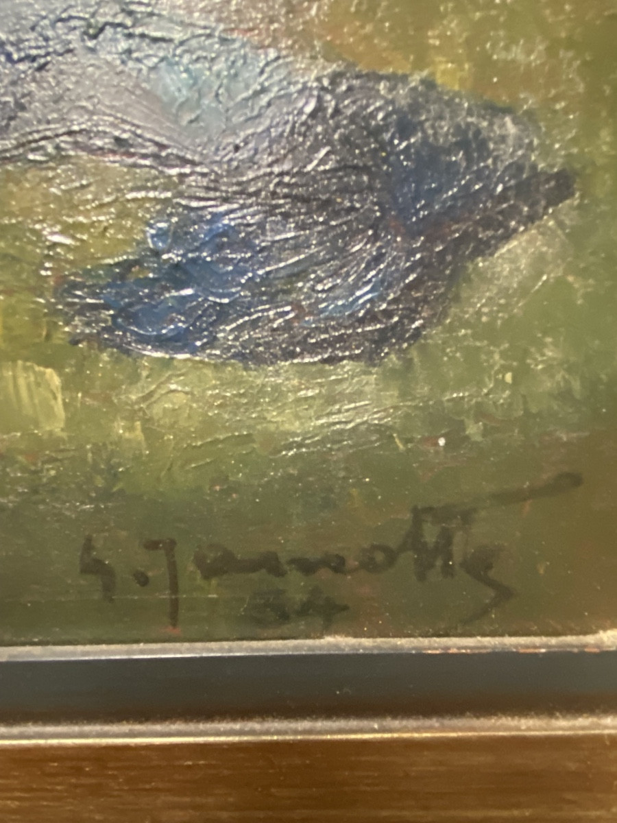 Nature morte au vase bleu , peinture al huile , signé et daté .-photo-3