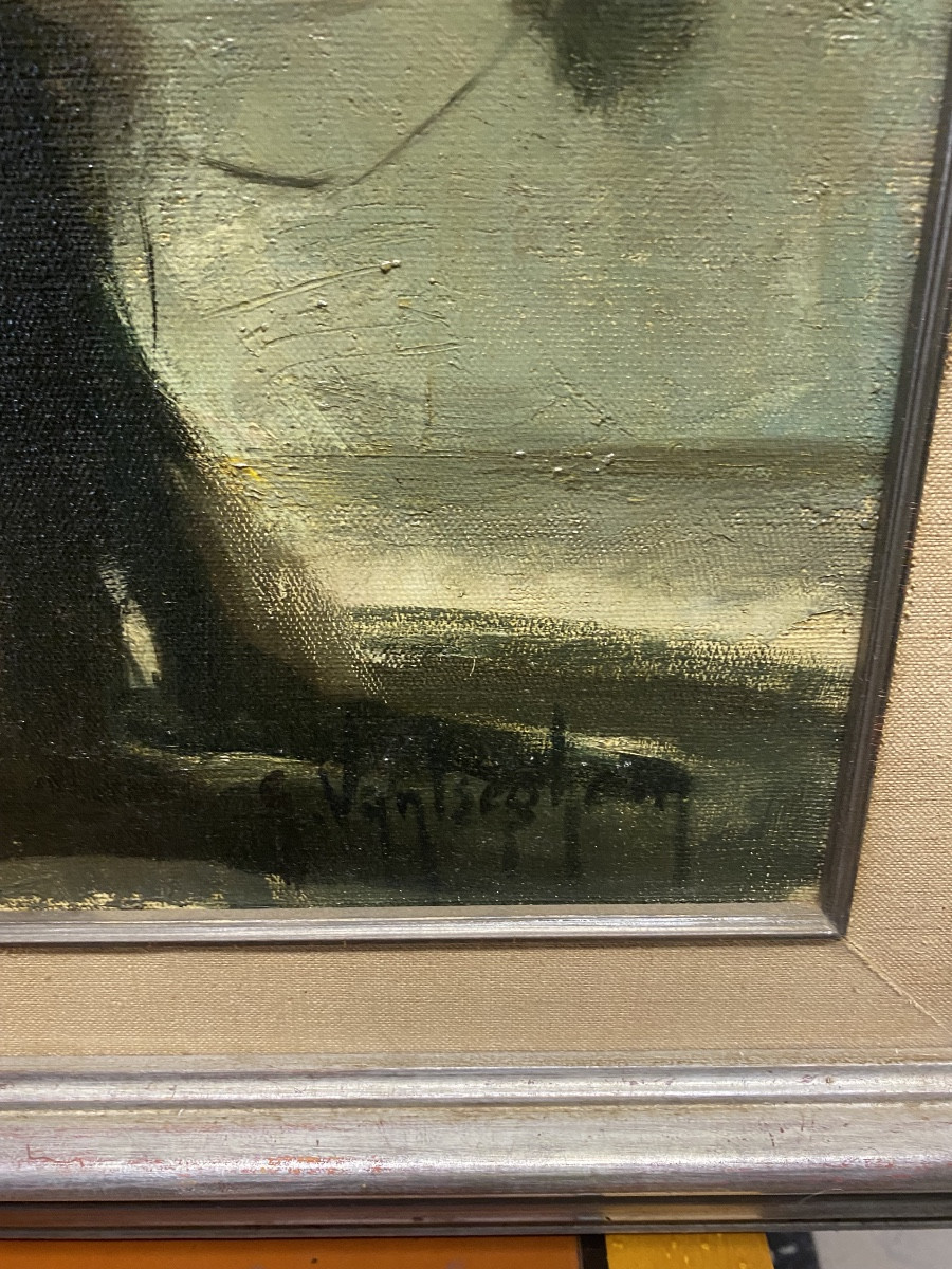 Oil Painting, Person Walking Beside His Horse Signedg.van Iseghem.-photo-2