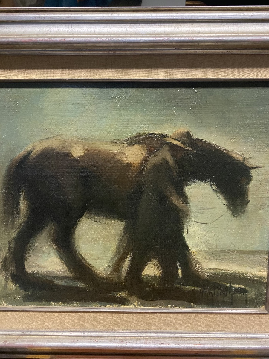 Oil Painting, Person Walking Beside His Horse Signedg.van Iseghem.-photo-3