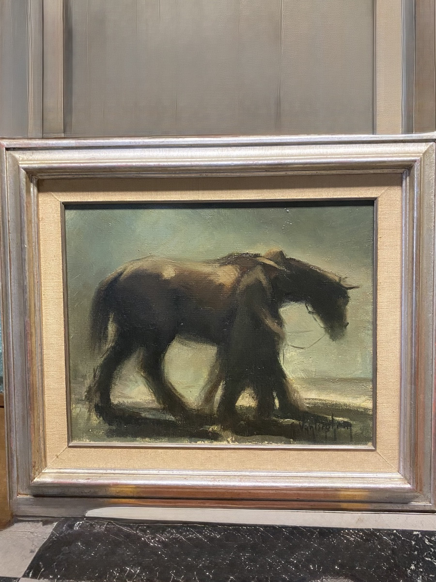 Oil Painting, Person Walking Beside His Horse Signedg.van Iseghem.