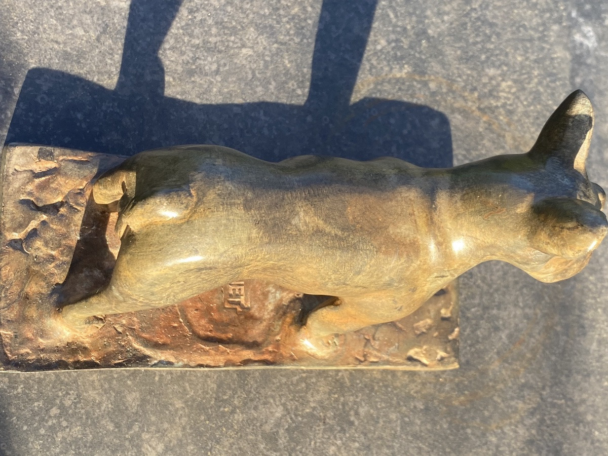 Bronze Animal Signed Pierre Chenet Representing A French Bulldog, 20th Century.-photo-1