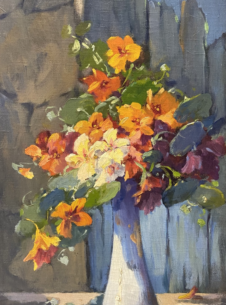 Peinture à l huile représentant un bouquet de fleurs par Alfred Brunel de Neuville .-photo-3