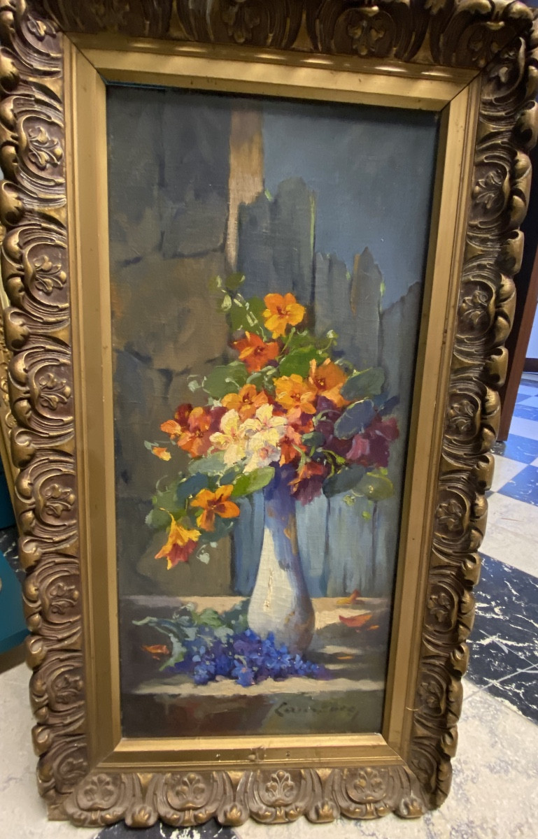 Peinture à l huile représentant un bouquet de fleurs par Alfred Brunel de Neuville .