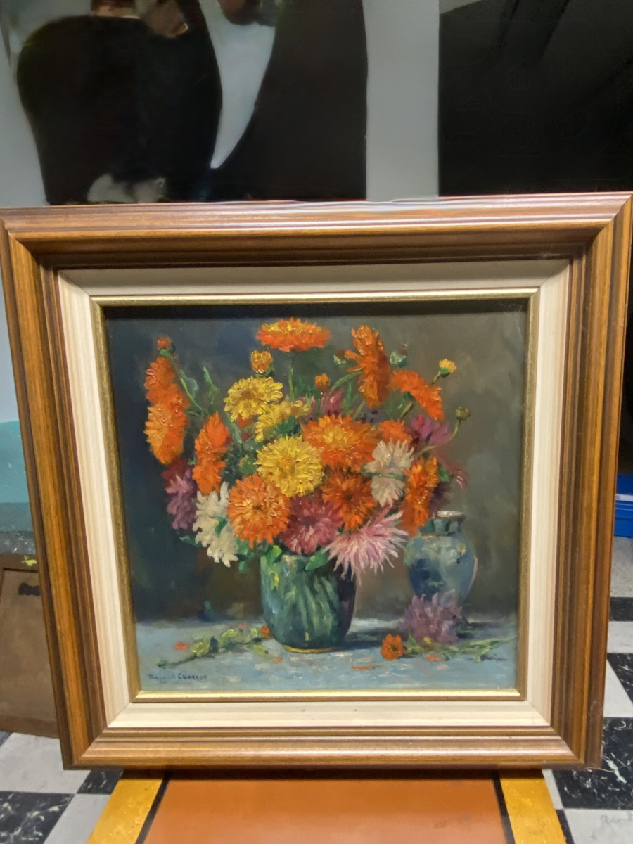 Peinture à l huile d’un bouquet de fleurs, par  R.Charlot . -photo-2