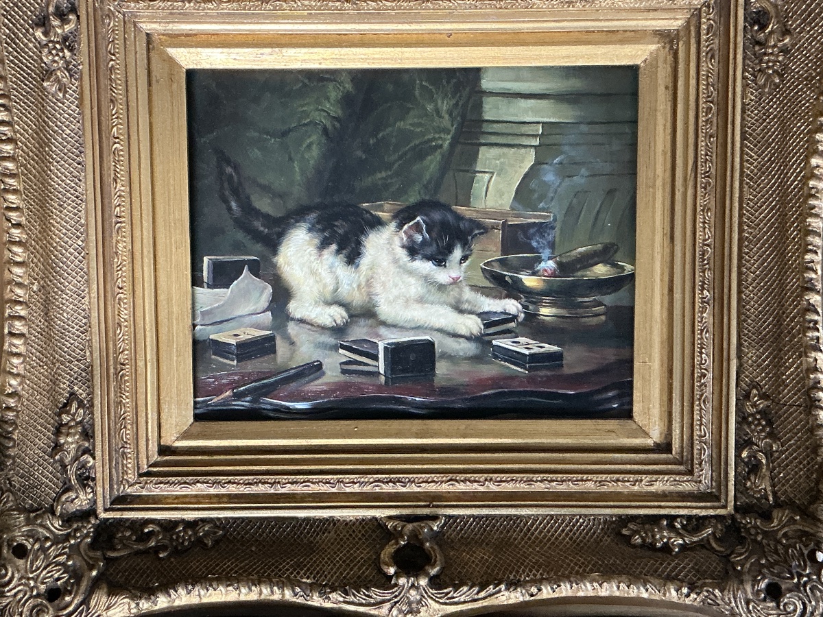 Oil Painting Of A Cat Playing With Dominoes. Signed 