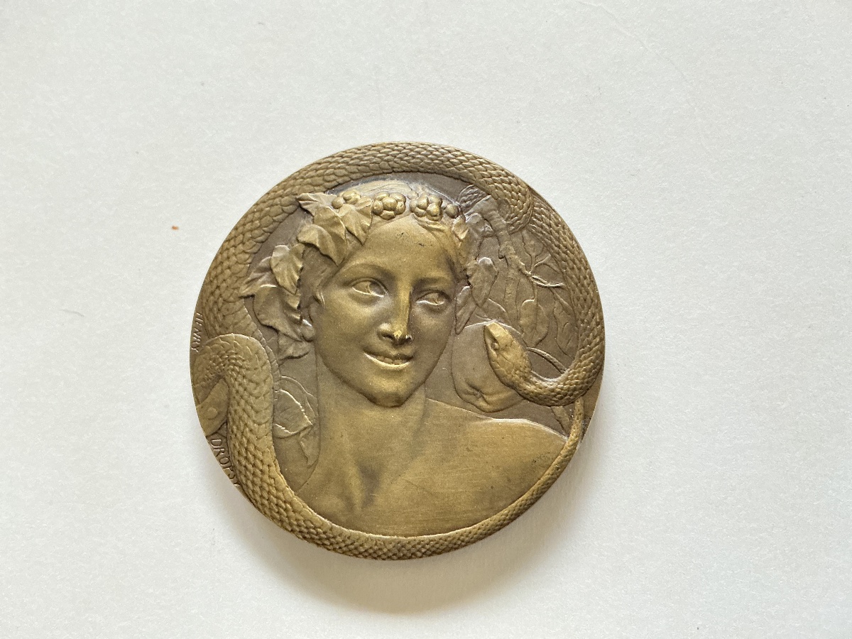 Round Bronze Medal, Eve And The Serpent, Henry Dropsy, 1920, Art Nouveau  