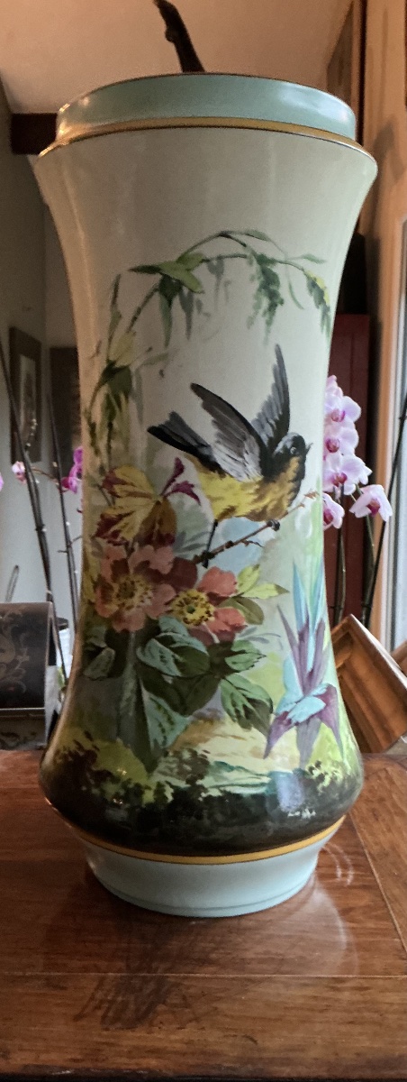 Large Sarreguemines Fine Earthenware Vase With Bird And Floral Decoration — Late 19th Century.-photo-2