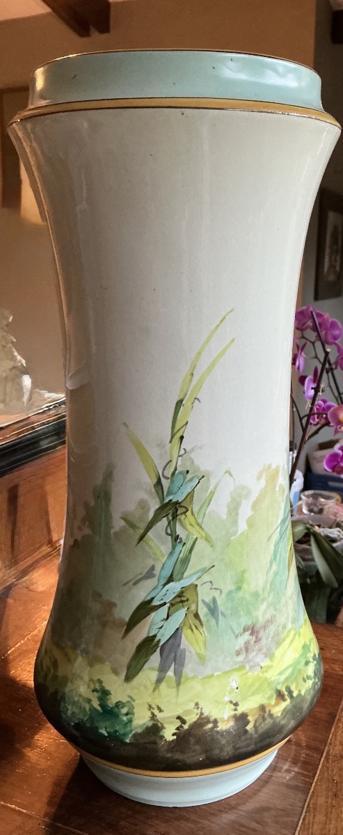 Large Sarreguemines Fine Earthenware Vase With Bird And Floral Decoration — Late 19th Century.-photo-1