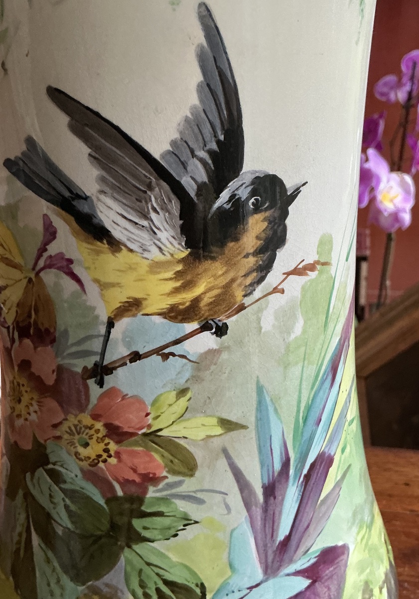 Large Sarreguemines Fine Earthenware Vase With Bird And Floral Decoration — Late 19th Century.-photo-2