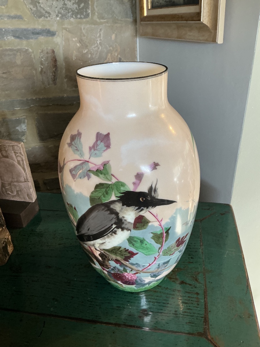 Large Opaline Glass Vase Decorated With A Bird And Blackberries, Bearing A Monogram, Late 19th -photo-2