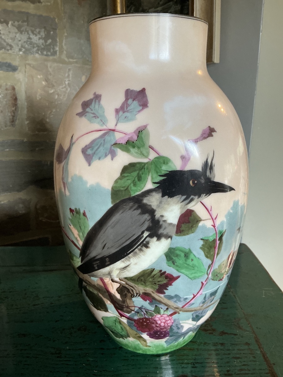 Large Opaline Glass Vase Decorated With A Bird And Blackberries, Bearing A Monogram, Late 19th 
