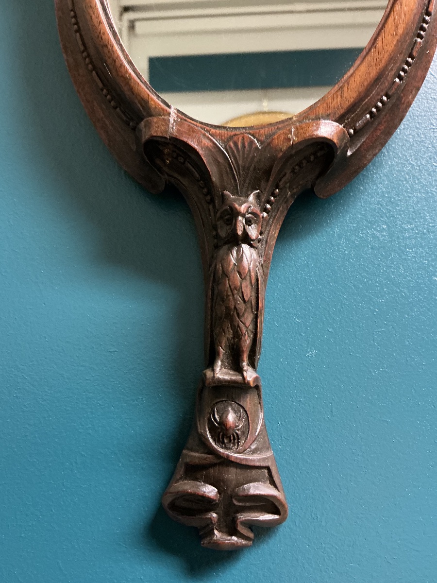 Face-à-main en bois sculpté au hibou et à l’araignée — Vers 1900-photo-2
