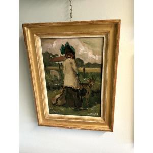 An Elegant Lady With Goats, Watercolour On Cardboard, Circa 1900–1920. Signed Victor Creten 
