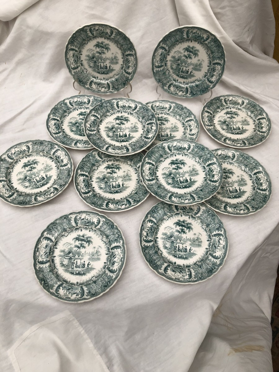 ENSEMBLE DE 12 ASSIETTES A DESSERT  FAIENCE FINE DE BORDEAUX DAVID JHONSTON XIX EME SIECLE 