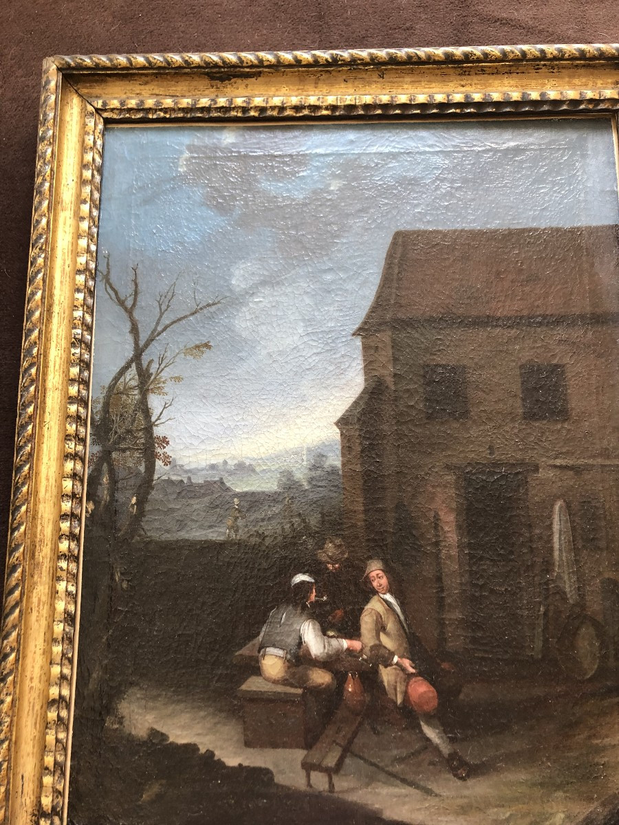Oil On Canvas Tavern Scene 18th Century Gilt Wood Frame -photo-2