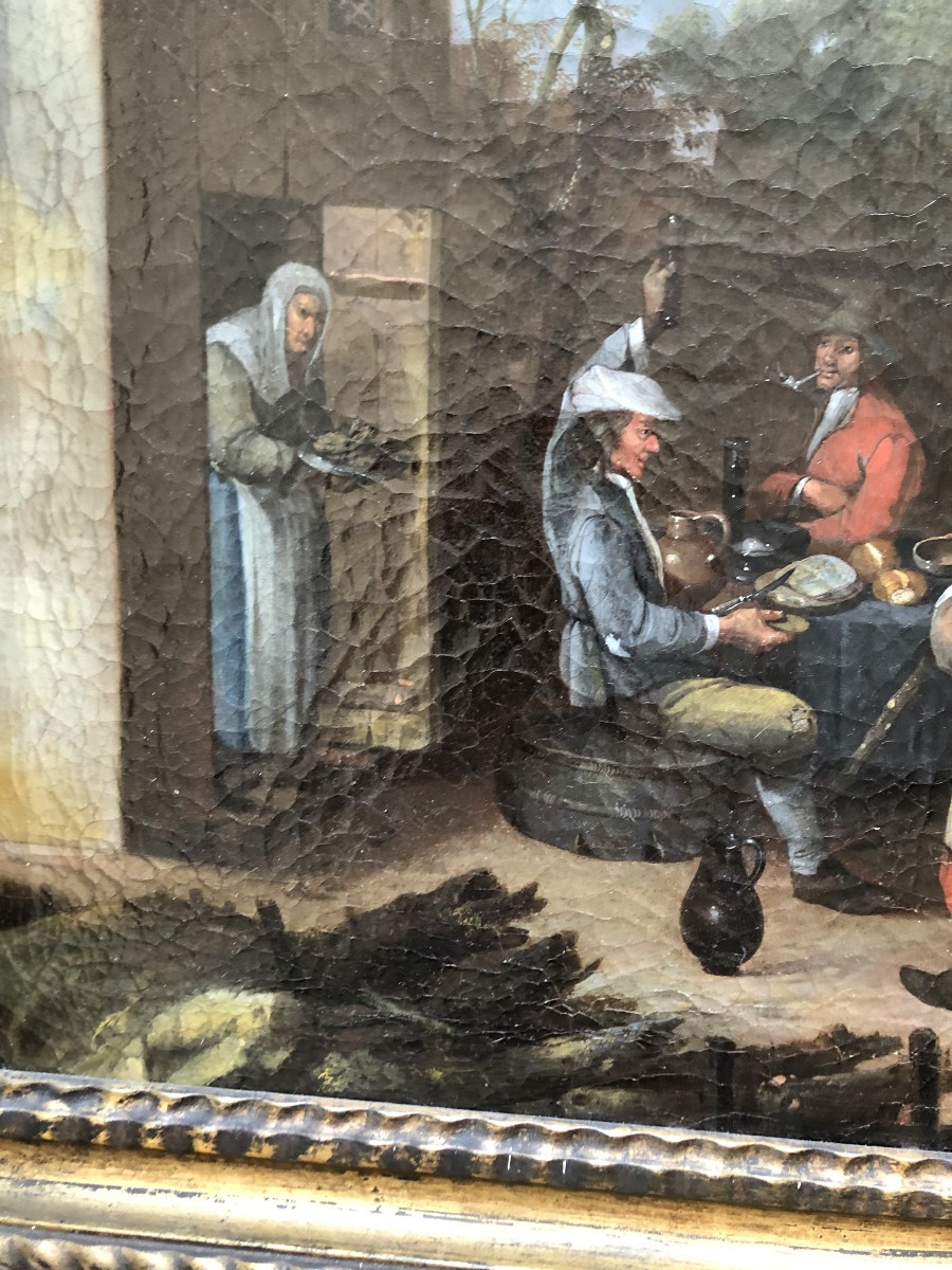 Oil On Canvas Tavern Scene 18th Century Gilt Wood Frame -photo-1