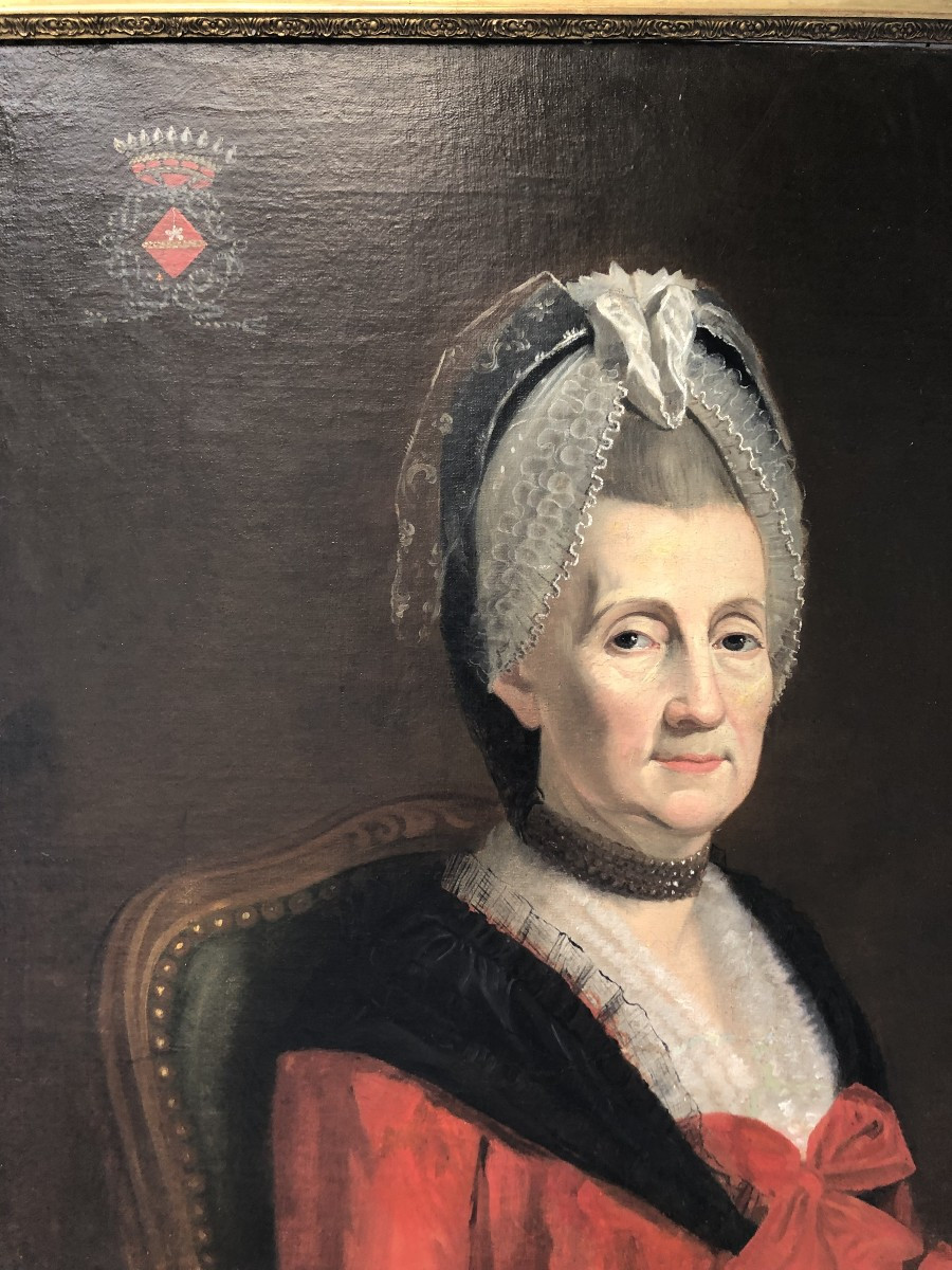  HUILE SUR TOILE PORTRAIT DE DAME DE QUALITE A LA ROBE ROUGE  XVIII EME SIECLE CADRE BOIS DORE-photo-1