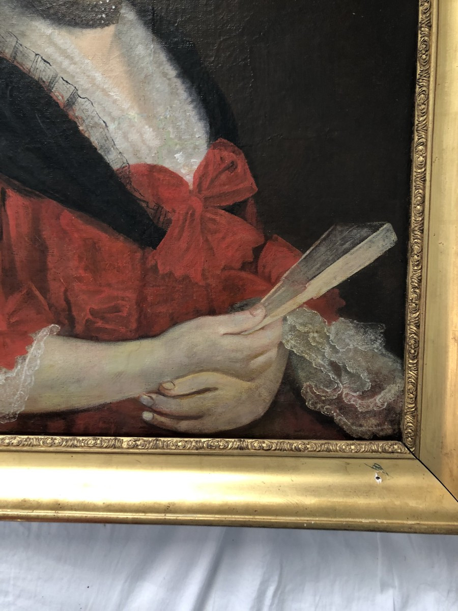  HUILE SUR TOILE PORTRAIT DE DAME DE QUALITE A LA ROBE ROUGE  XVIII EME SIECLE CADRE BOIS DORE-photo-4