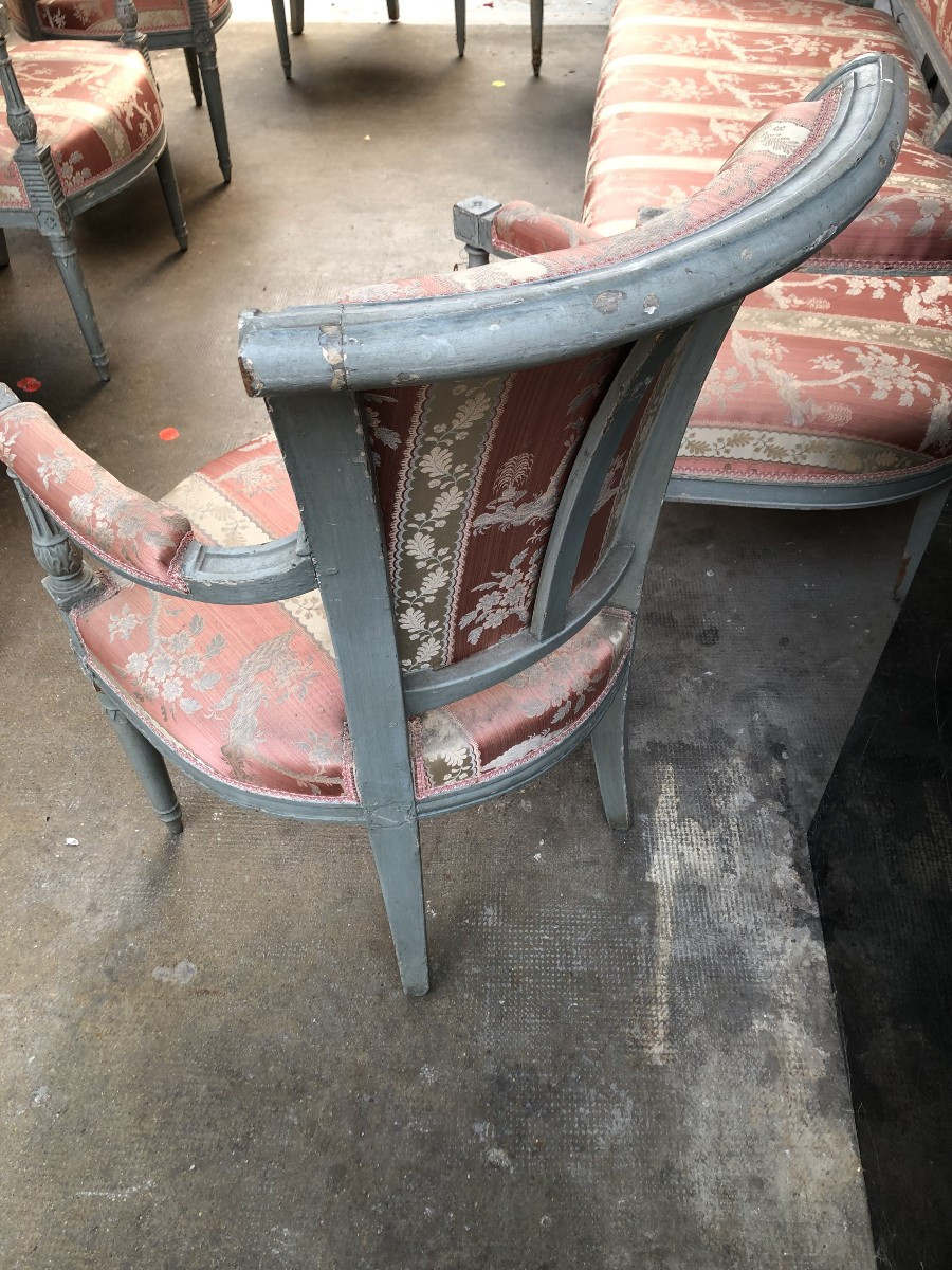 Grey Lacquered Living Room Directoire Period 18th Century 6 Armchairs And 1 Sofa -photo-2
