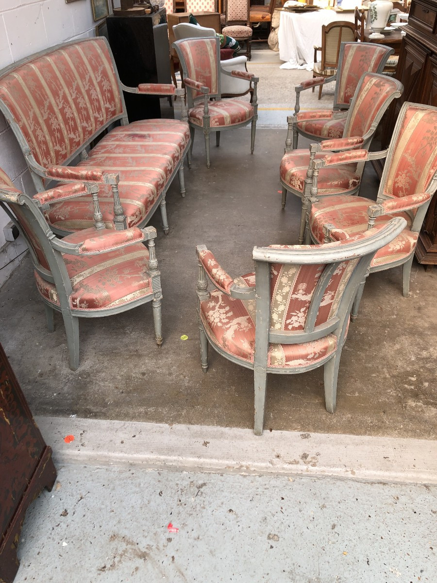 Grey Lacquered Living Room Directoire Period 18th Century 6 Armchairs And 1 Sofa 