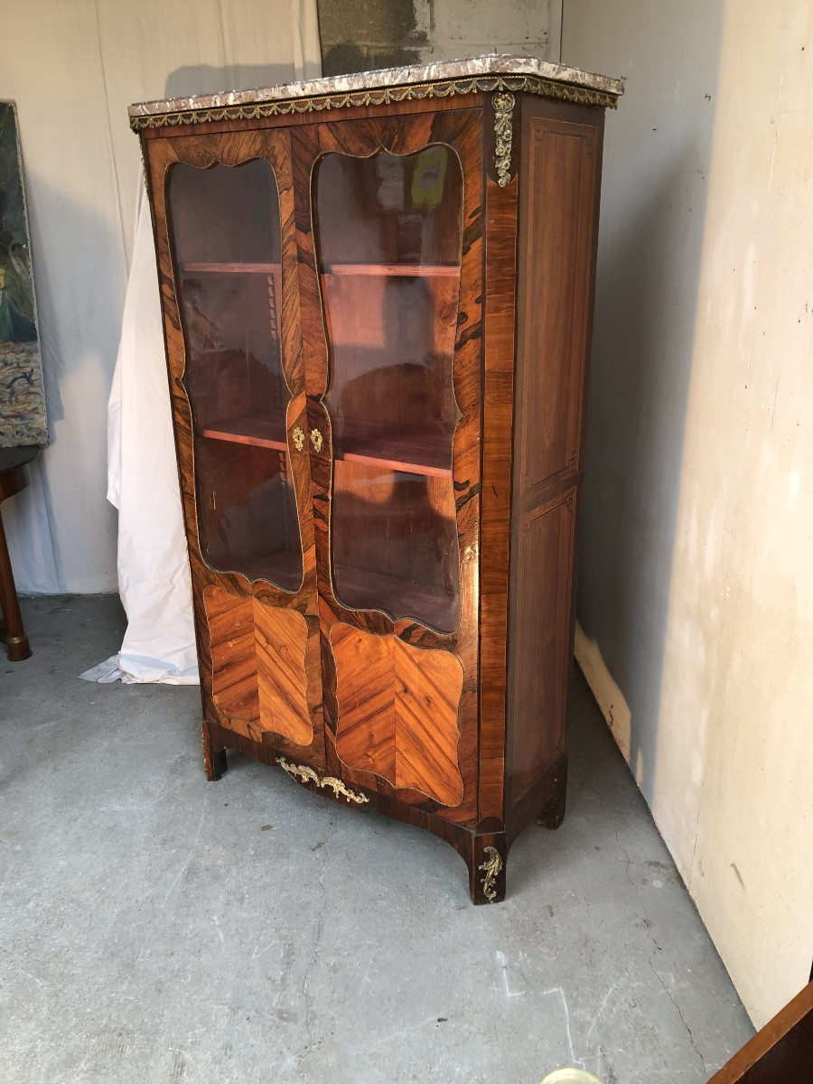 Louis XV Style Bookcase / Display Cabinet In Marquetry And Gilt Bronze-photo-2