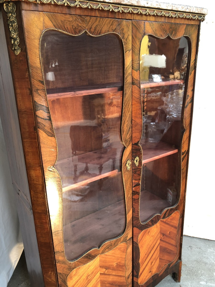 Louis XV Style Bookcase / Display Cabinet In Marquetry And Gilt Bronze-photo-4
