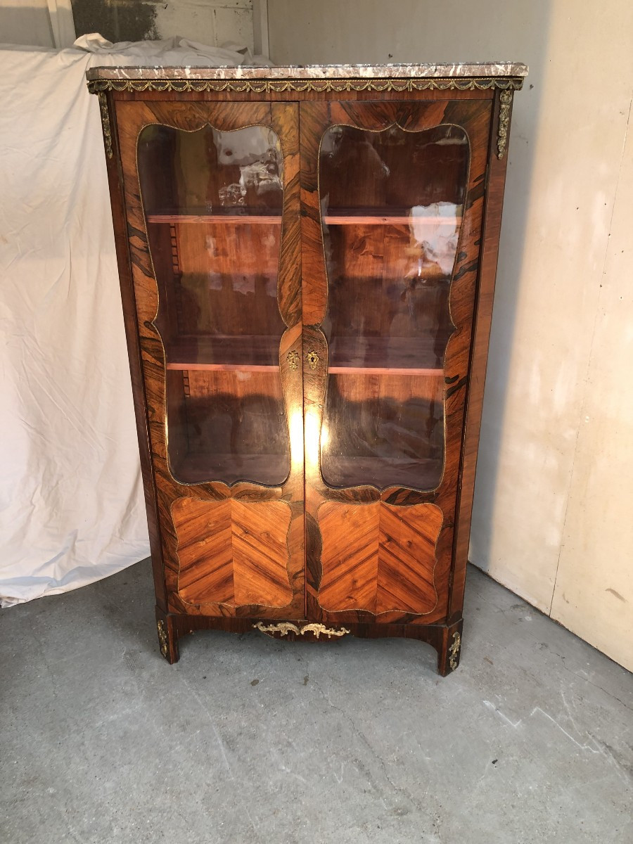 Louis XV Style Bookcase / Display Cabinet In Marquetry And Gilt Bronze-photo-1